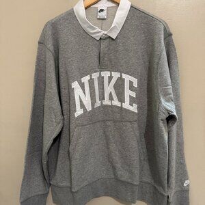 Nike Club Fleece Long Sleeve Rugby Polo Shirt Grey Men Size XL FN3112-063 NEW